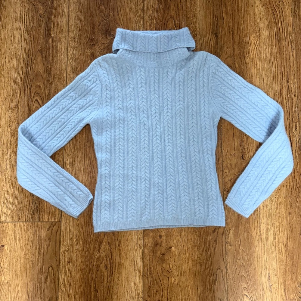 90s Baby Blue Lambswool‎ Angora Cable Knit Turtleneck Sweater Womens S Coquette
